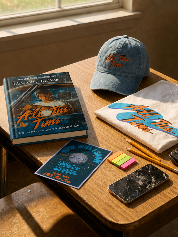 Wooden desk with books, a cap, t-shirt, phone, and stationery items in a classroom setting.