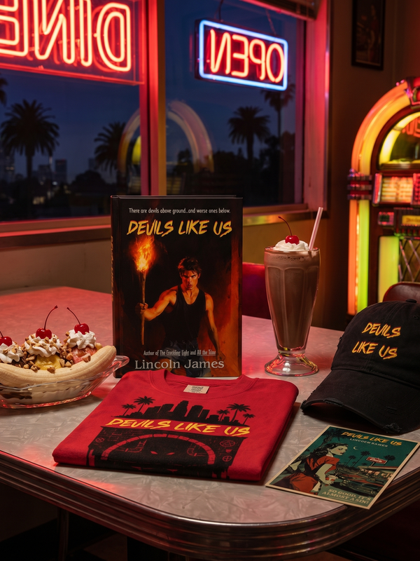 Neon-lit diner interior with 'Devils Like Us' merchandise on a table.