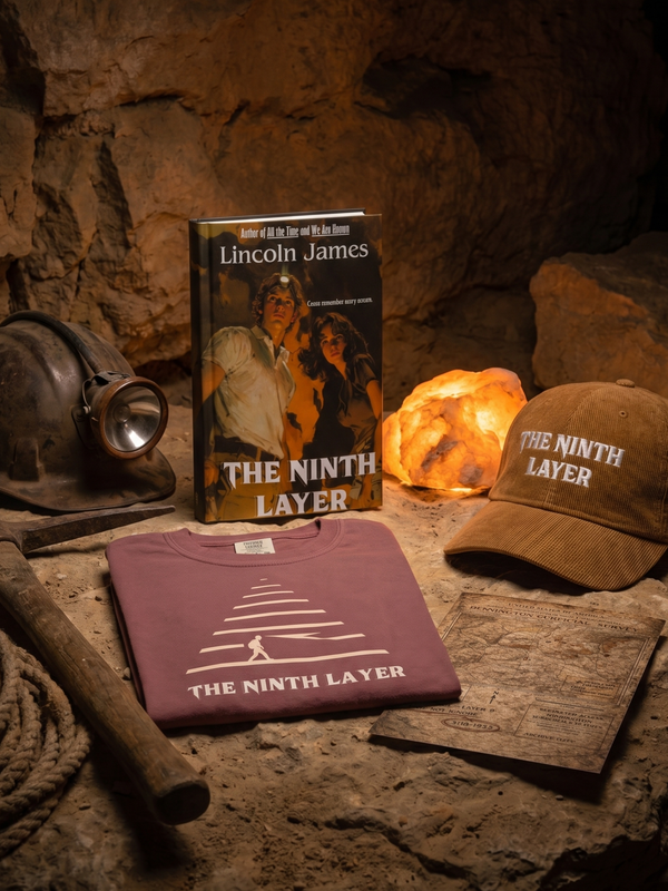 Items related to 'The Ninth Layer' theme including a book, cap, t-shirt, and a postcard on a rocky surface.