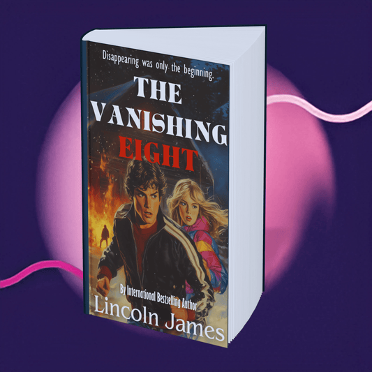 Cover of "The Vanishing Eight" by author Lincoln James depicting two characters running against a burning background.