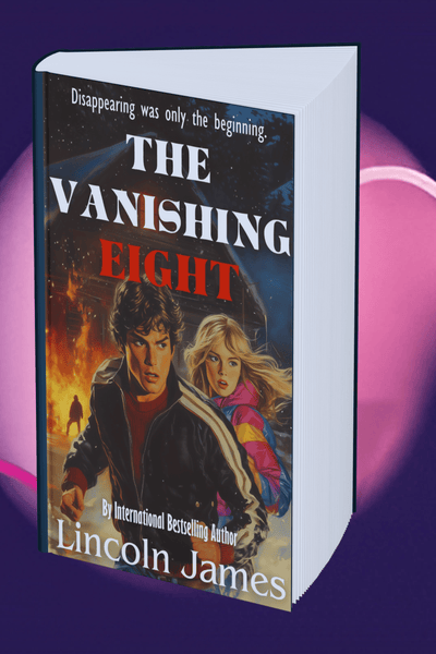 Cover of "The Vanishing Eight" by author Lincoln James depicting two characters running against a burning background.