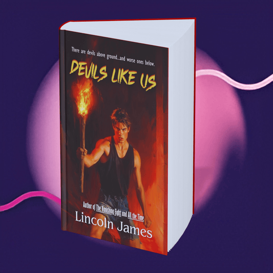 Book titled 'Devs Like Us' by Lincoln James with a fiery design on a purple and pink gradient background.