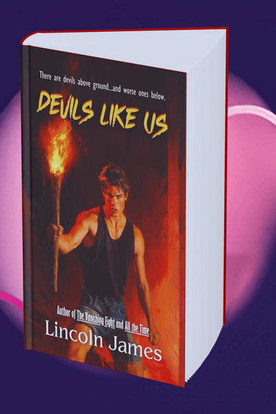 Book titled 'Devils Like Us' by Lincoln James with a fiery design on a purple and pink gradient background.