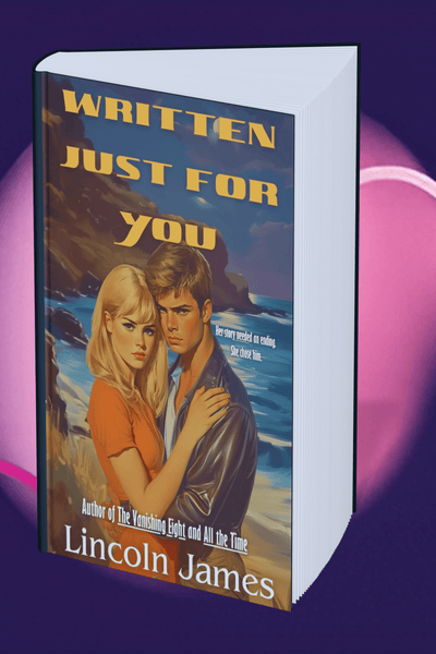 Book titled 'Written Just For You' by Lincoln James on a purple and pink gradient background