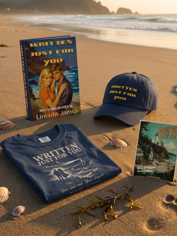 Book, t-shirt, cap, and postcard on a sandy beach with ocean waves.