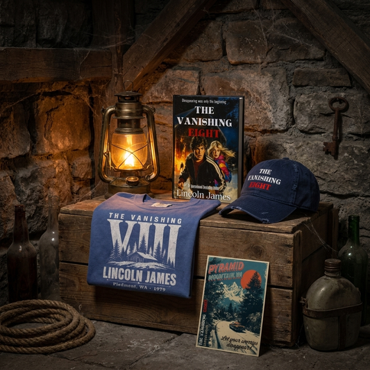 Wooden crate with 'The Vanishing Eight' book, t-shirt, and cap against a stone wall with postcard, lantern, and rope.