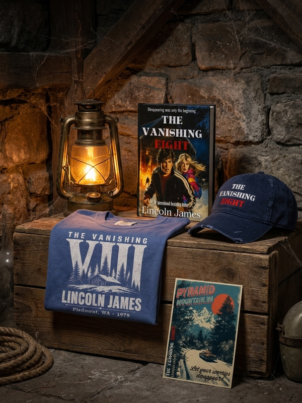 Wooden crate with 'The Vanishing Eight' book, t-shirt, and cap against a stone wall with postcard, lantern, and rope.