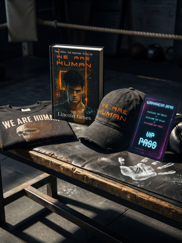 Collection of 'We Are Human' merchandise including a book, t-shirt, cap, and postcard on a bench.
